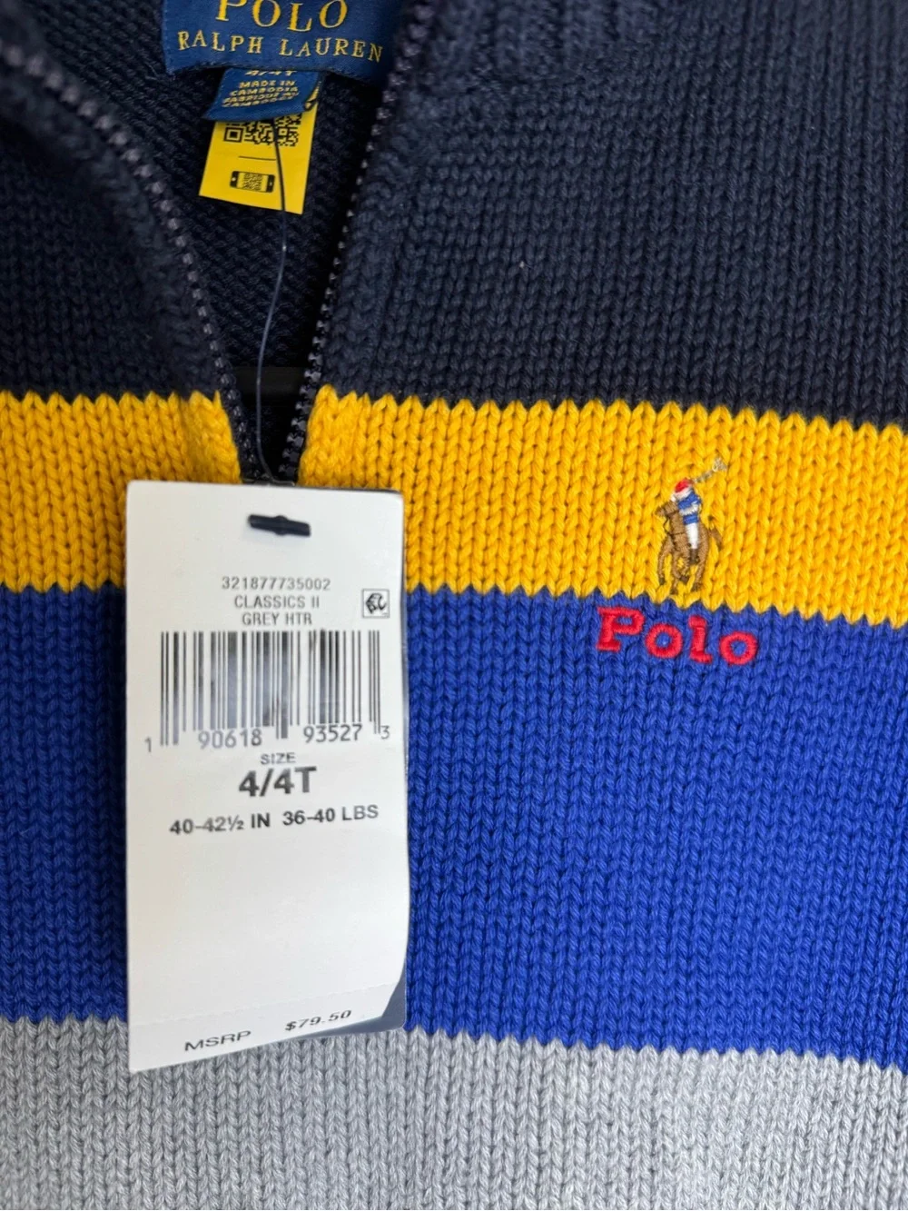 NWT Polo Ralph Lauren Boys 4T Colorblock Quarter Zip Cotton Sweater